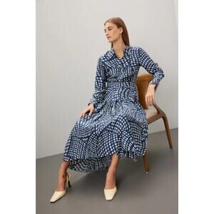 Tory Burch Women's Long Sleeve Blue Pleated Silk Midi Satin Dress Sz. 4 Rt. $798